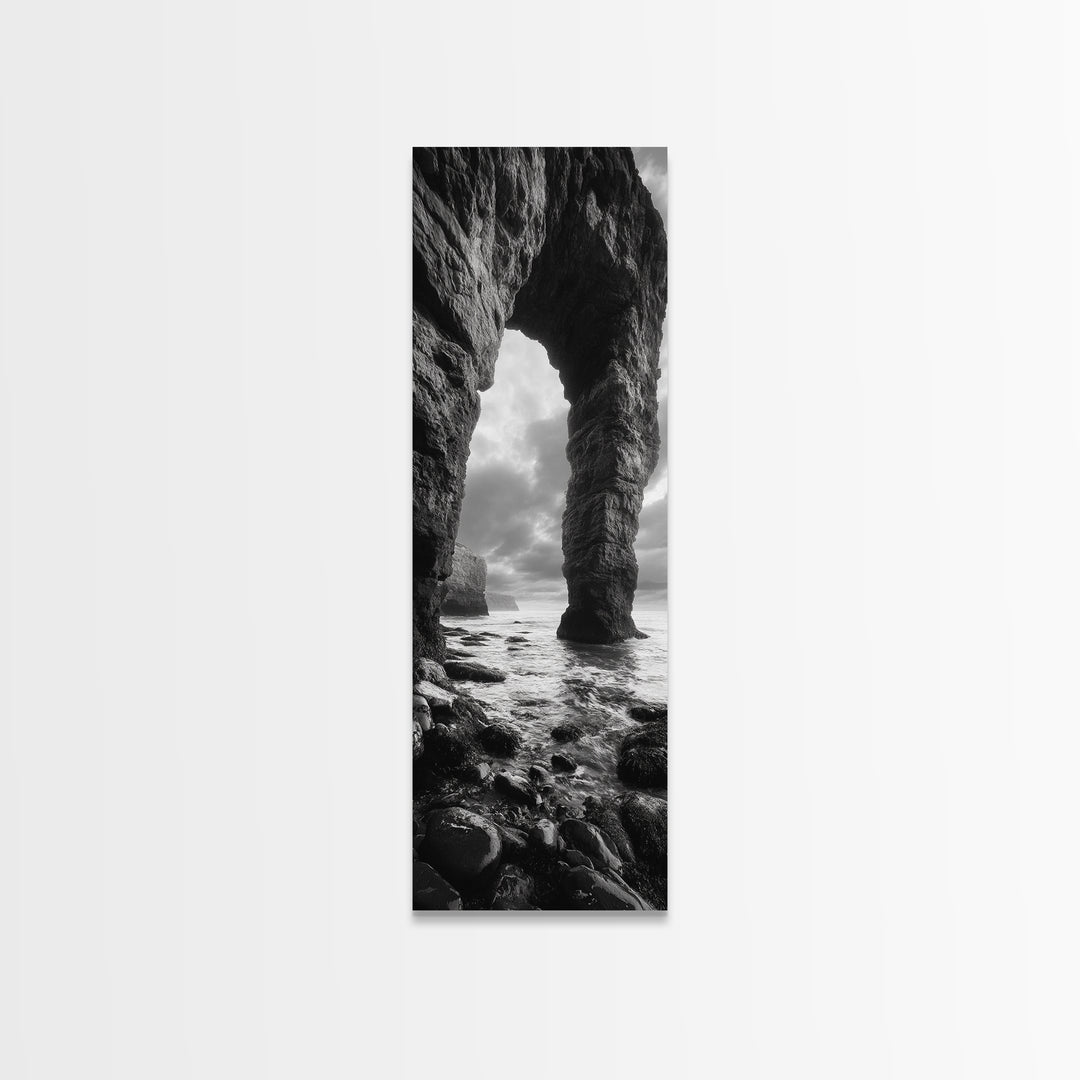 Sea Arch, Coastal Rocks, Ocean Waves, Dramatic Sky, Framed Canvas Print, Coastal Wall Art, Minimalist Beach House Decor, Bedroom Artwork