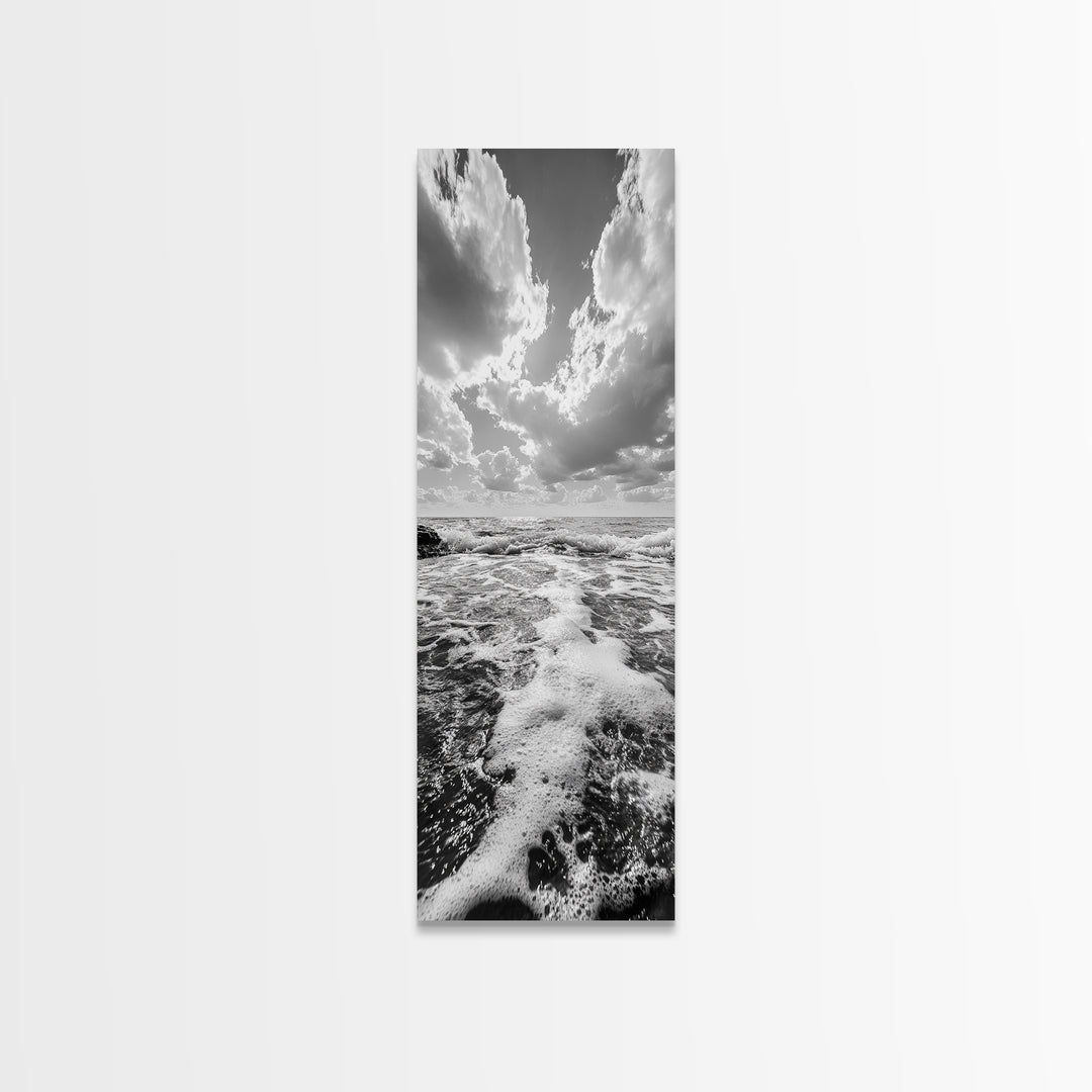 Sparkling Ocean, Cloud Horizon, Sea Breeze, Framed Canvas Print, Bright Coastal Art, Bathroom or Living Room Summer Vibe Wall Decor