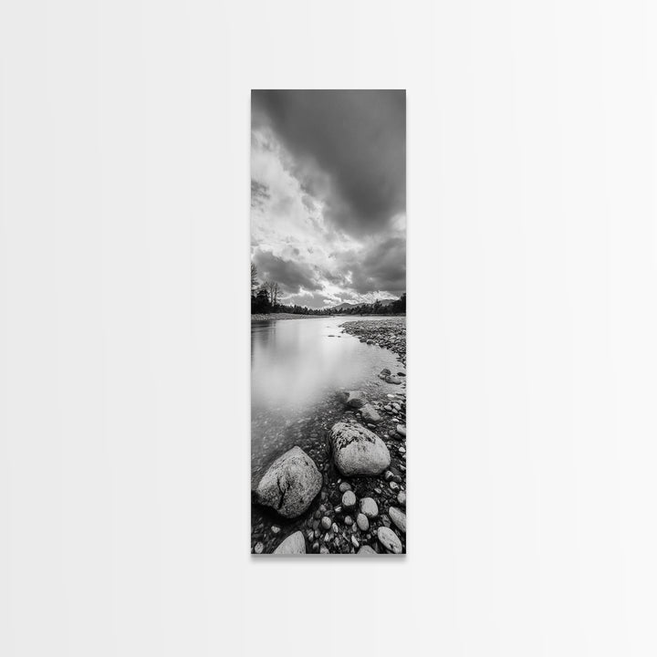 Rocky River, Serene Stream, Nature Calm, Monochrome Landscape, Framed Canvas Print Rustic Wall Decor, Modern Bathroom Art, Minimalist Style