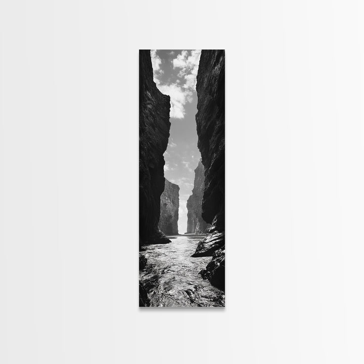 Coastal Canyon, Ocean Passage, Black White Art, Vertical Nature Scene, Framed Canvas Print Entryway Wall Art, Landscape Minimalist Decor