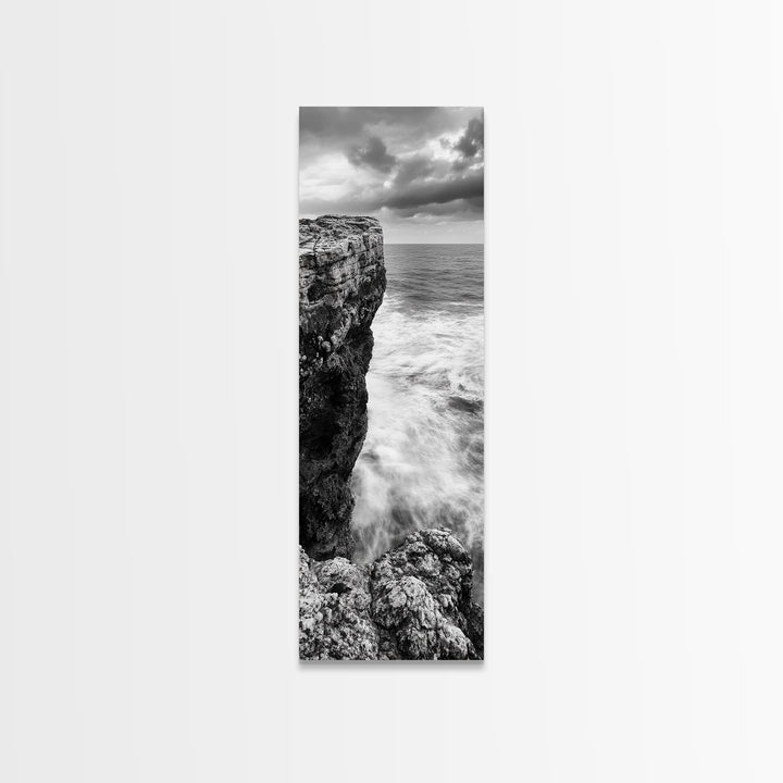 Cliffside Ocean, Storm Waves, Dramatic Coast, Monochrome Rocks, Framed Canvas Print Bathroom Wall Art, Minimalist Nautical Style, Coastal Decor