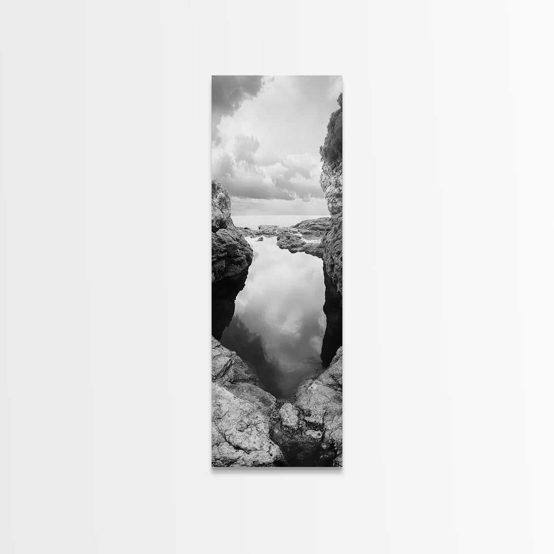 Tide Pool, Coastal Reflection, Tranquil Cove, Cloudy Sky, Framed Canvas Print Zen Bathroom Art, Minimalist Nature Wall Decor, Neutral Modern Style