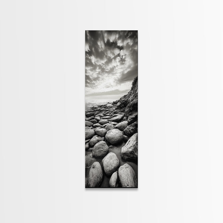 Coastal Stones, Rocky Shore, Sunrise Ocean, Black White Print, Framed Canvas Print Beach House Decor, Entryway Art, Nautical Minimalist Wall Art