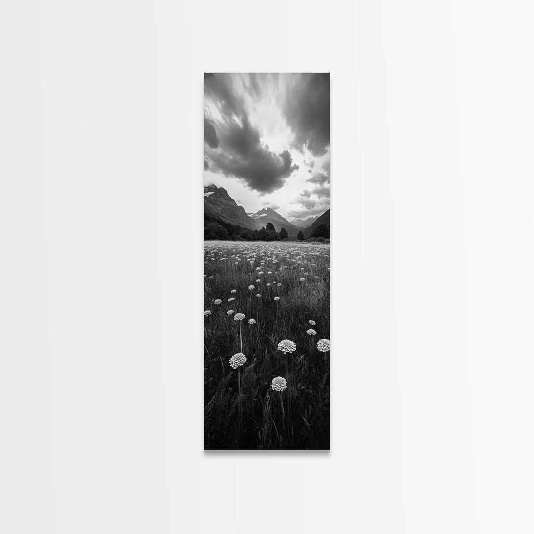 Wildflower Field, Alpine Meadow, Mountain Backdrop, Nature Print, Serene View, Framed Canvas Print, Living Room Wall Art, Rustic Farmhouse Decor