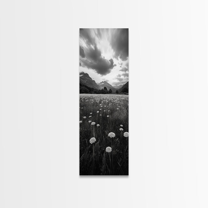 Wildflower Field, Alpine Meadow, Mountain Backdrop, Nature Print, Serene View, Framed Canvas Print, Living Room Wall Art, Rustic Farmhouse Decor