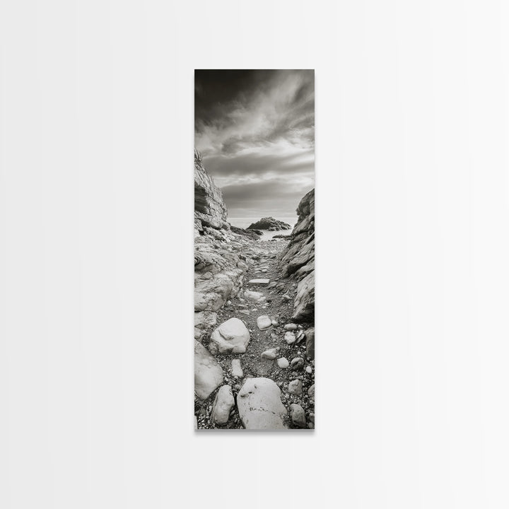 Rocky Coast Path, Serene Ocean View, Minimalist Nature, Framed Canvas Print, Neutral Tones, Beach Art, Hallway Wall Decor, Coastal Home Vibe