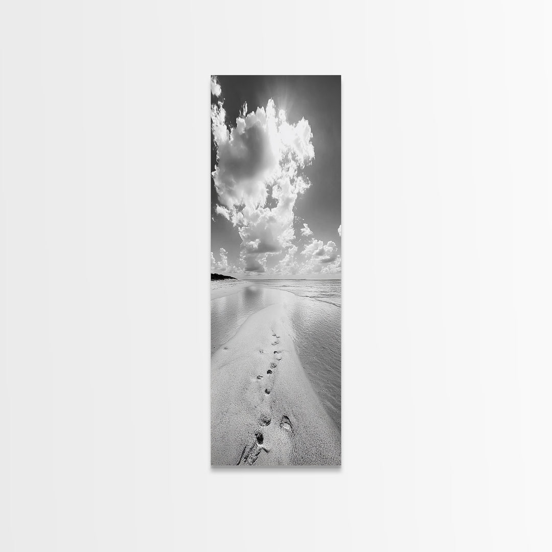Footprints Beach Path, Ocean Shore Wall Art, Minimalist Seascape Style, Relaxing Bathroom Decor, Framed Canvas Print, Coastal Vibes