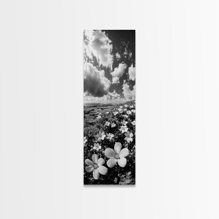 Ocean Flowers Art, Coastal Wildflower Print, Nature Boho Aesthetic, Beach House Wall Style, Framed Canvas Print, Moody Seaside Decor