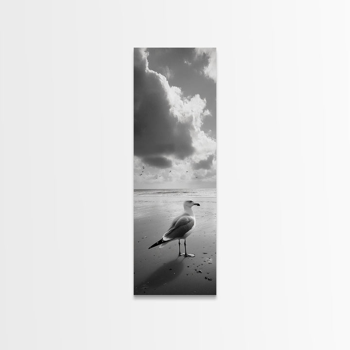 Seagull, Ocean Breeze, Beach Minimalism, Tranquil Shoreline, Seagull Photo Art, Coastal Framed Canvas Print, Bathroom Wall Decor