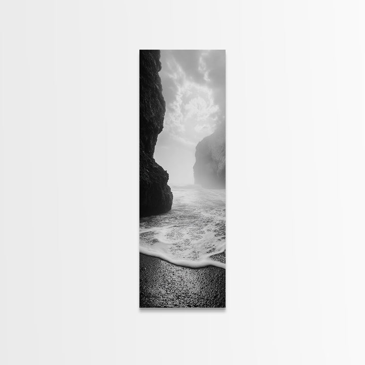 Coastal Rocks, Ocean Mist, Dreamy Seascape, Monochrome Coastline, Nature Photography Canvas Print, Moody Living Room Wall Art