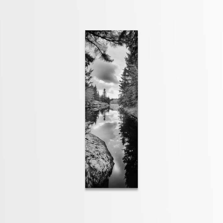 Forest Reflection, Lake Stillness, Tranquil Pines, Nature Calm, Black and White Canvas Print, Bedroom Wall Art, Cabin Vibes