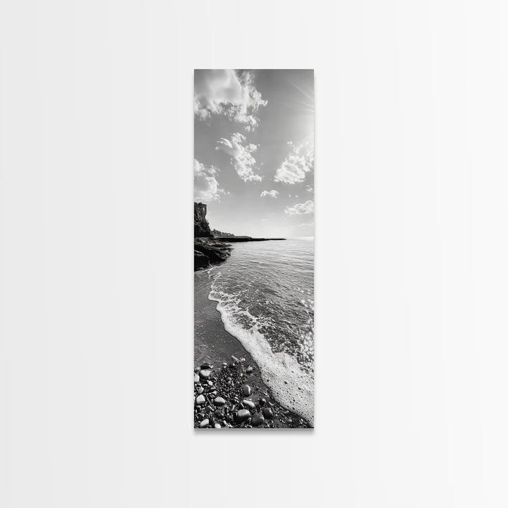 Coastal Shoreline, Pebble Beach, Ocean Breeze, Canvas Print, Bathroom Wall Art, Minimalist Decor, Black White Photography, Seaside Vibe