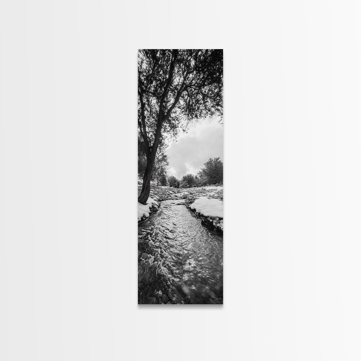 Peaceful Creek, Snow Trees, Winter Flow, Framed Canvas Print, Rustic Nature Art, Farmhouse Wall Decor, Serene Entryway Accent, Bedroom Decor