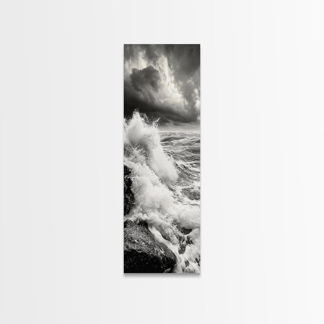 Stormy Sea, Crashing Waves, Ocean Fury, Nature Power Framed Canvas Print, Moody Living Room Wall Art, Dramatic Coastal Decor, Office Art
