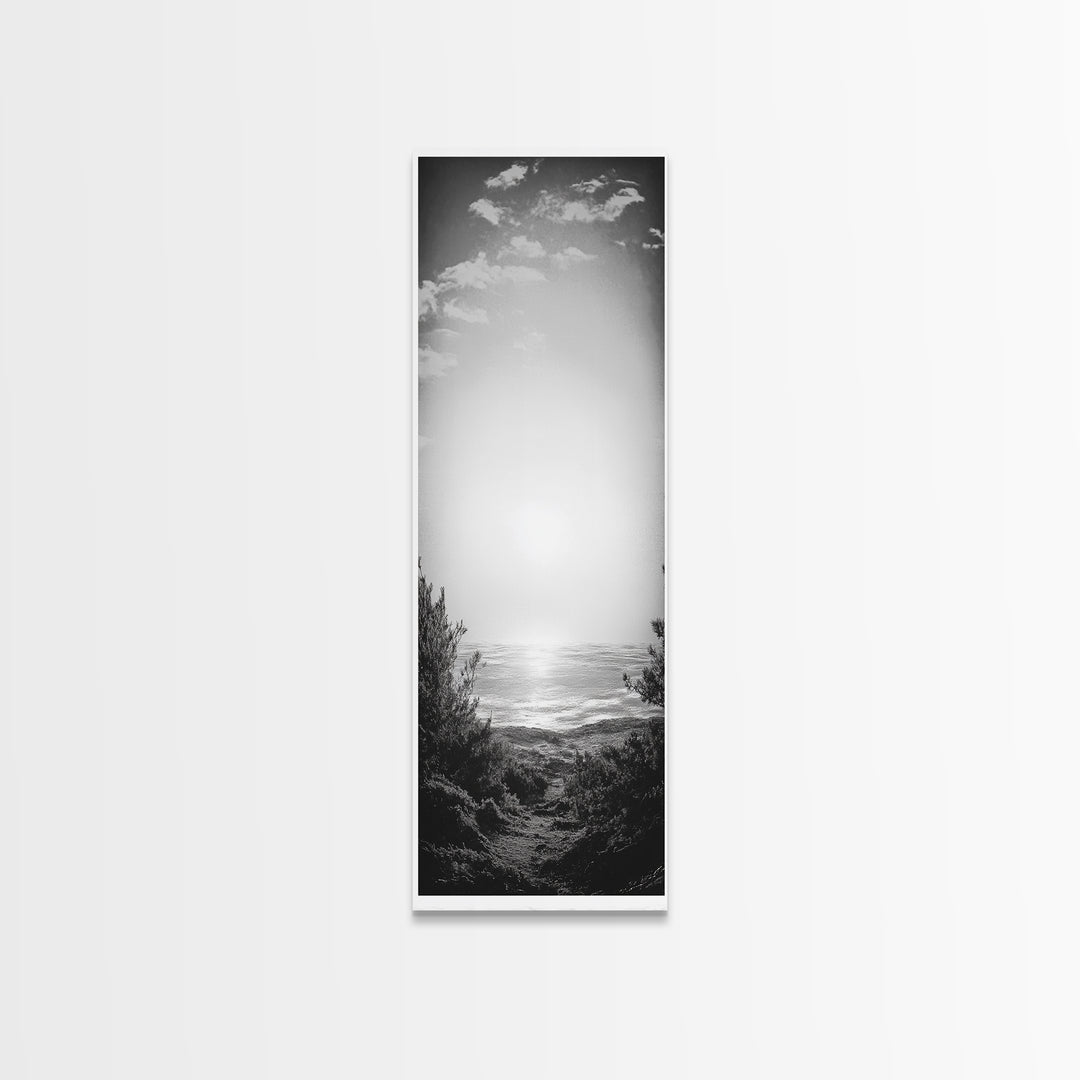 Horizon Glow, Ocean Sunset, Seaside Path, Tranquil Evening Framed Canvas Print, Nature Inspired Bedroom Wall Art, Zen Minimalist Decor