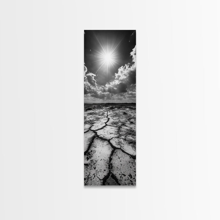 Cracked Earth, Sunburst Sky, Natural Texture, Desert Landscape, Framed Canvas Print, Rustic Decor, Earth Tone Art, Office Wall Art