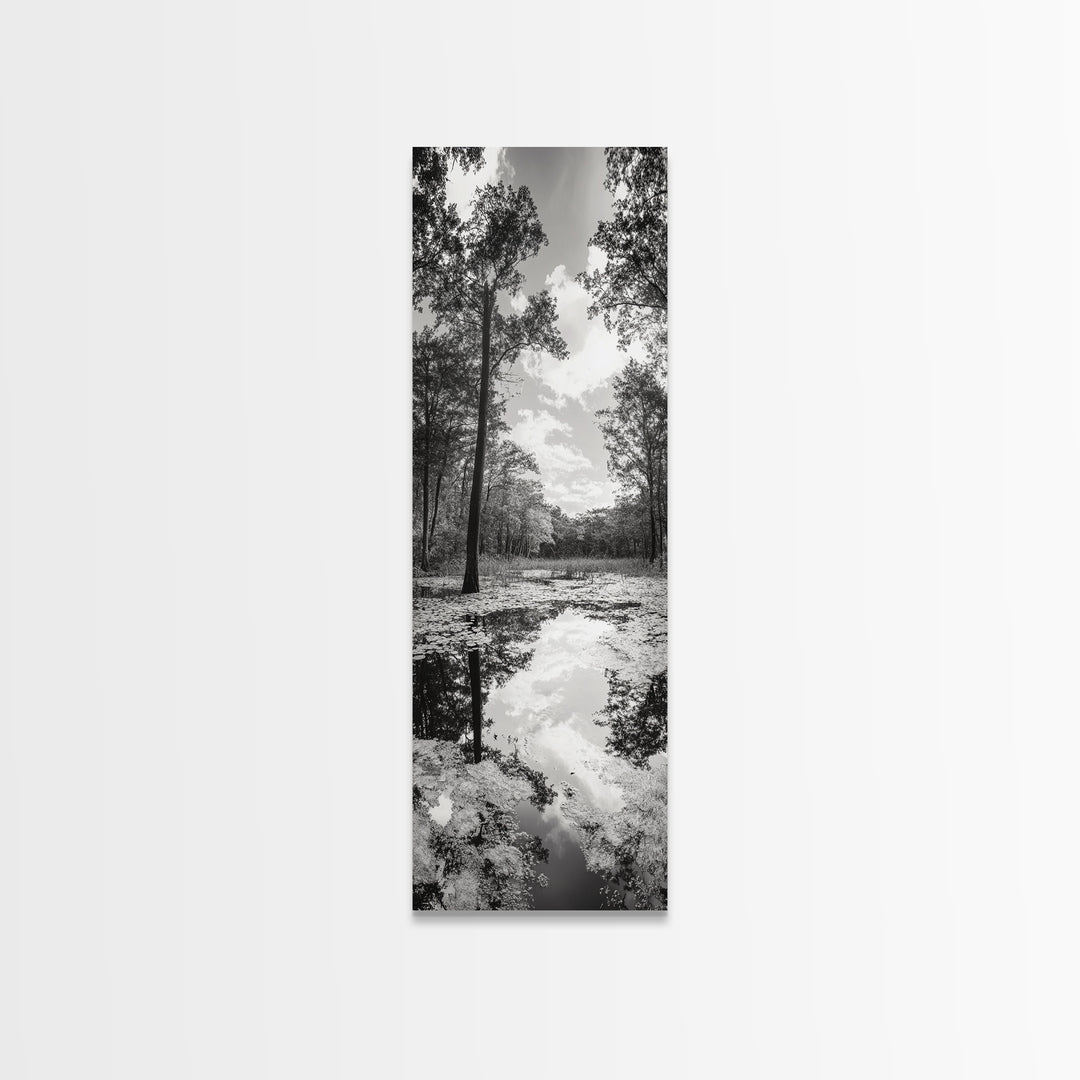 Reflective Forest, Nature Calm, Monochrome Trees, Peaceful Swamp, Framed Canvas Print, Rustic Cabin Decor, Moody Wall Art, Entryway Print