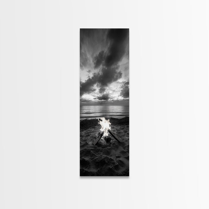 Campfire Glow Dusk, Beach Bonfire, Ocean Sunset Flame, Cozy Evening Mood, Framed Canvas Print, Fall Wall Art, Cabin Living Room Decor