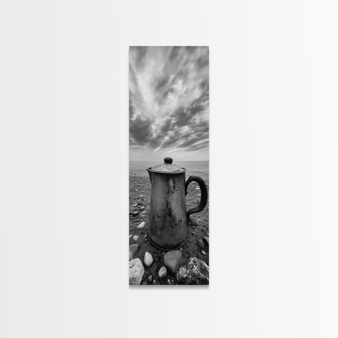 Seaside Coffee Pot, Rustic Beach, Moody Vibes, Framed Canvas Print, Farmhouse Decor, Kitchen Wall Art, Coastal Neutral Artwork