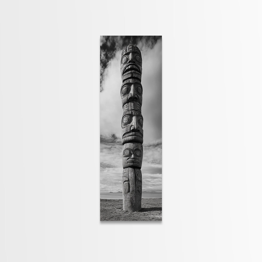Totem Pole, Tribal Faces, Historic Symbolism, Canvas Print, Cultural Wall Decor, Office Wall Art, Rustic Museum Style Photography