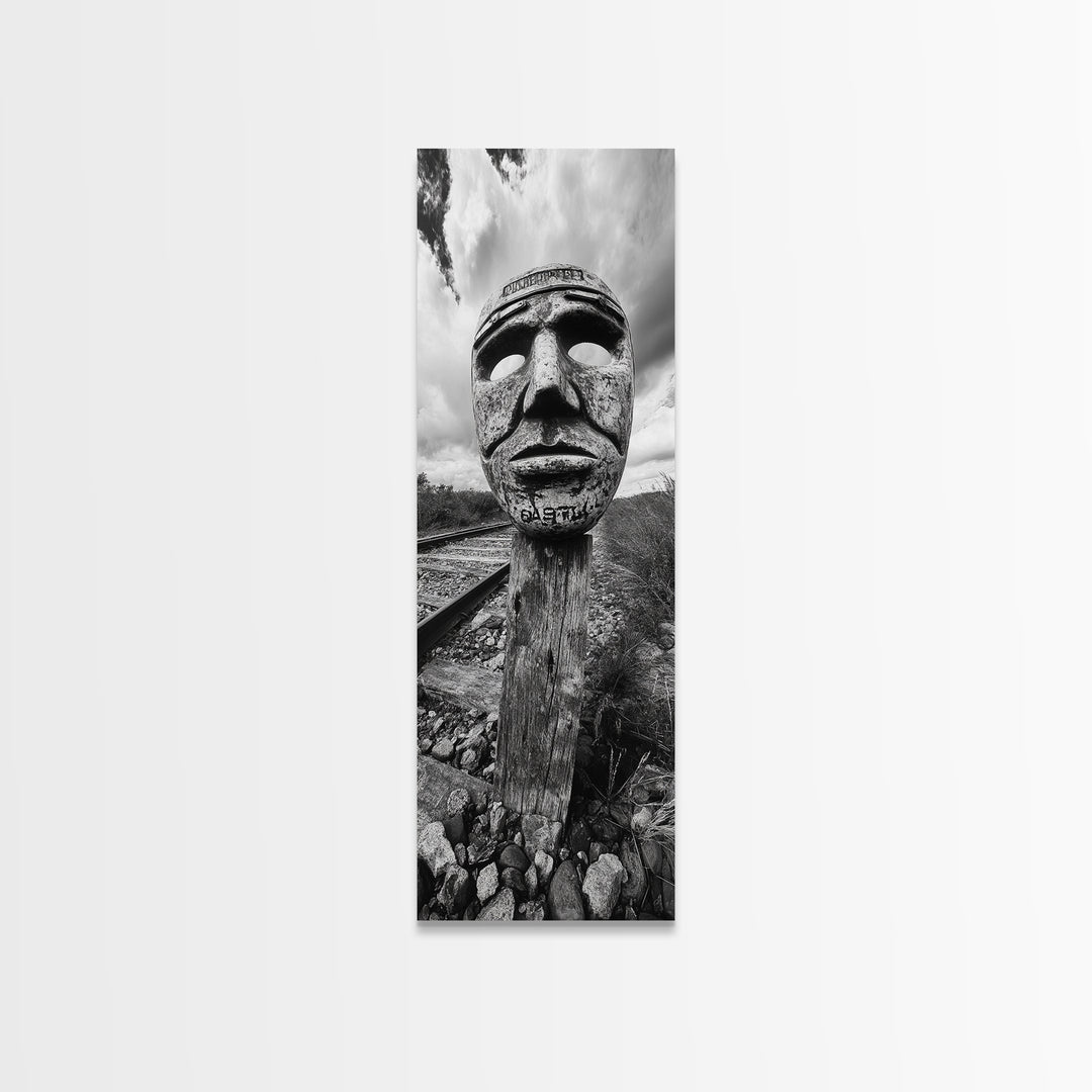 Tribal Mask, Railway Art, Abstract Face, Canvas Print, Surreal Wall Art, Eclectic Living Room Decor, Boho Urban Art, Monochrome Photography