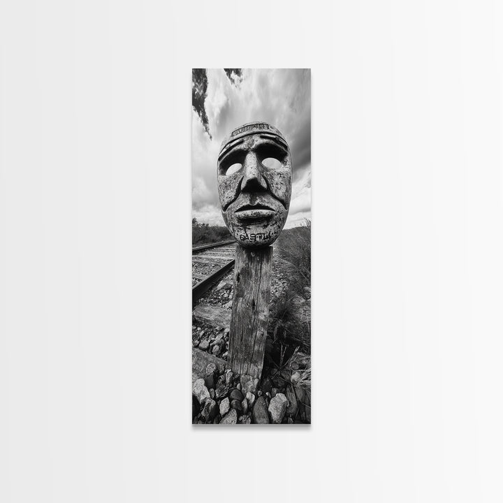Tribal Mask, Railway Art, Abstract Face, Canvas Print, Surreal Wall Art, Eclectic Living Room Decor, Boho Urban Art, Monochrome Photography