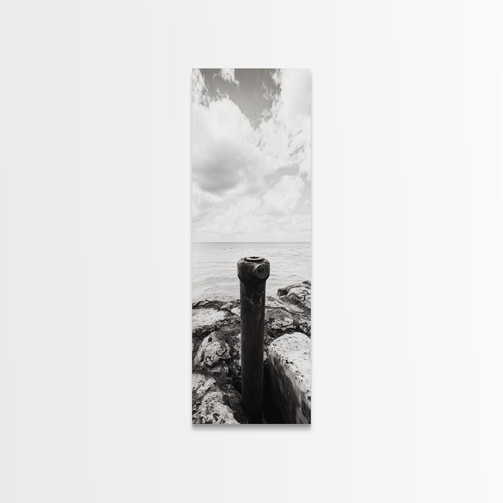 Coastal Pipe, Ocean View, Rusted Metal, Framed Canvas Print, Industrial Nautical Art, Bathroom Wall Decor, Minimal Seaside Landscape