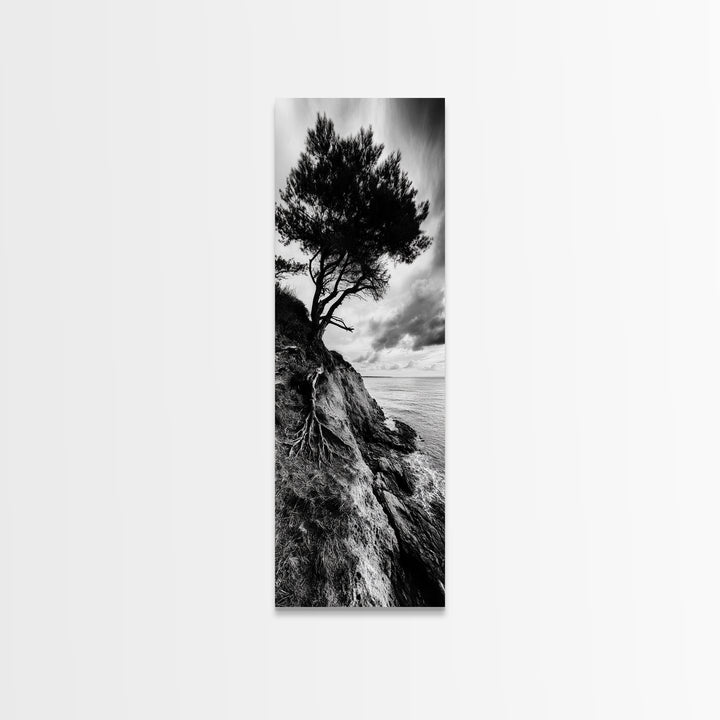 Cliff Tree, Coastal Roots, Dramatic Landscape, Framed Canvas Print, Bold Nature Wall Art, Modern Black And White Decor, Fall Office Accent