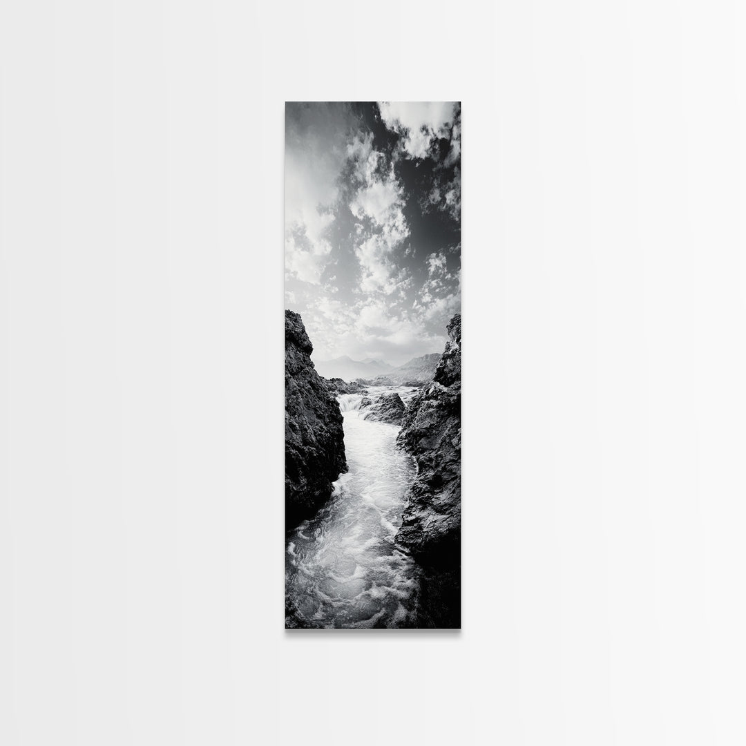 Waterfall Rocks, Mountain Mist, River Flow, Canvas Print, Black And White Landscape Art, Nature Bedroom Decor, Zen Retreat Wall Piece