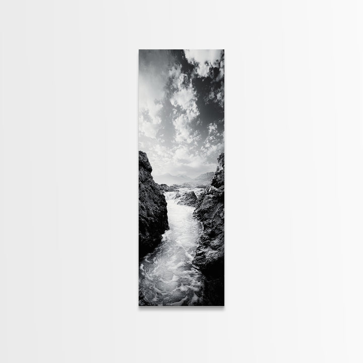 Waterfall Rocks, Mountain Mist, River Flow, Canvas Print, Black And White Landscape Art, Nature Bedroom Decor, Zen Retreat Wall Piece