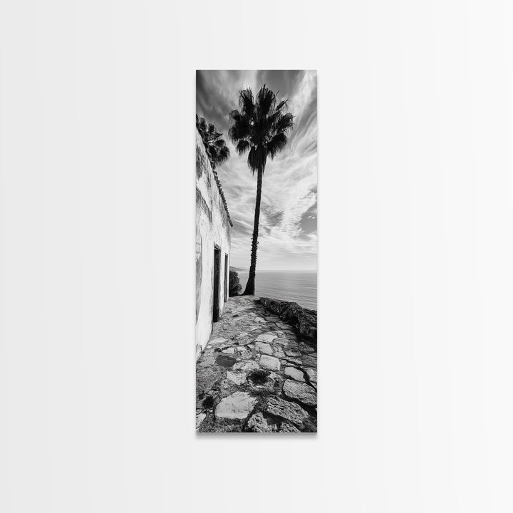 Coastal Palm Tree, Rustic Seaside Wall Art, Mediterranean Courtyard Print, Tropical Summer Decor, Framed Canvas Print, Kitchen Art