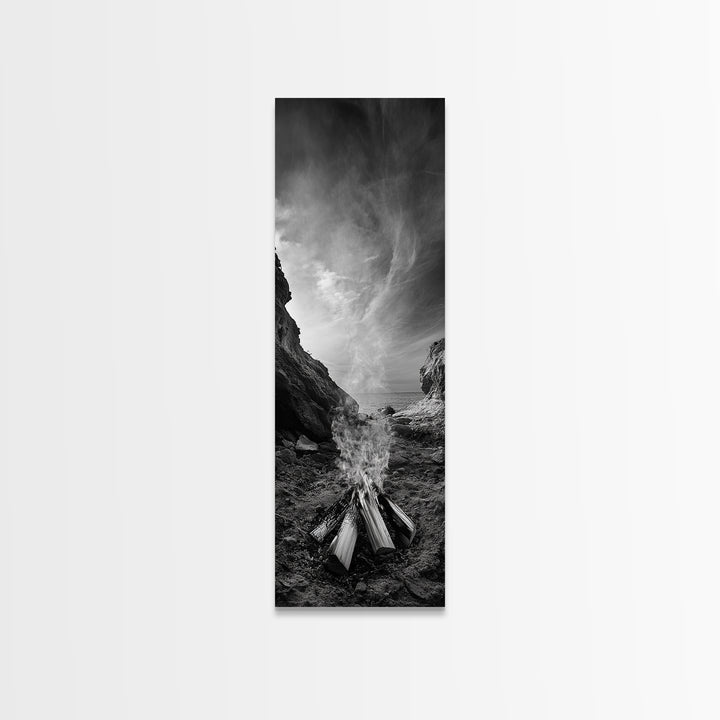 Campfire Smoke, Rocky Coastline, Moody Skies, Autumn Nature, Framed Canvas Print, Rustic Wall Decor, Cabin Aesthetic, Living Room Art