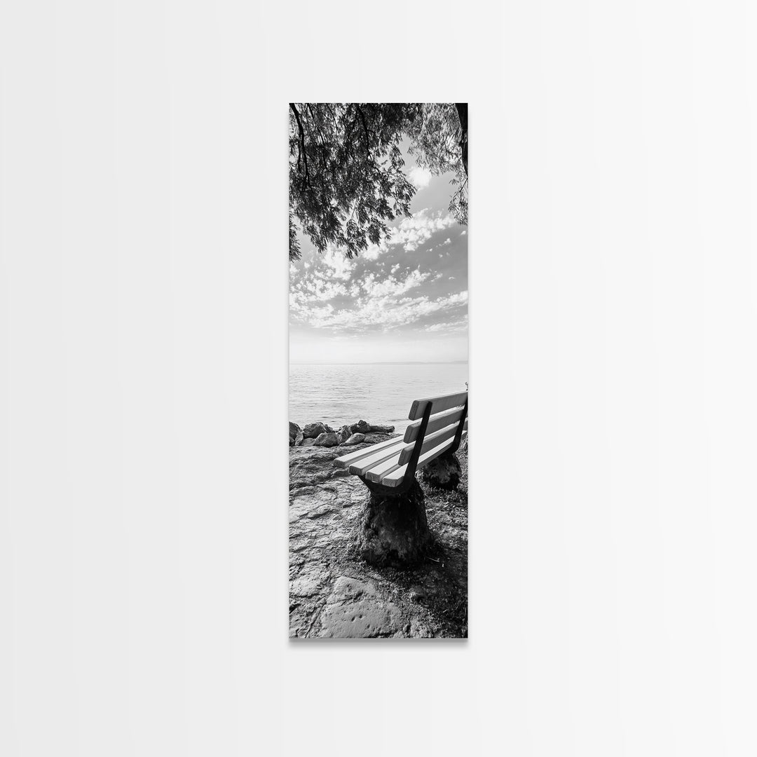 Lakeside Bench View, Peaceful Nature Scene, Tranquil Reflection Print, Minimalist Wall Decor, Zen Office Art, Framed Canvas Print