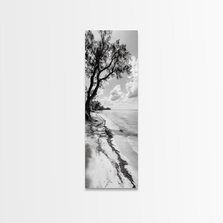 Serene Beach Tree, Calm Ocean Coast, Black White Shoreline, Framed Canvas Print, Coastal Entryway Decor, Minimal Nature Wall Art