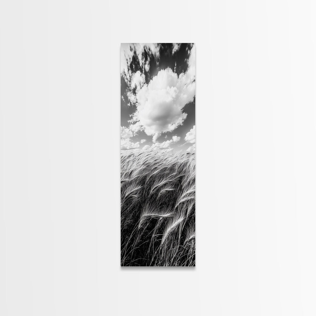 Wheat Field, Cloudy Sky, Rustic Landscape, Black and White Nature, Framed Canvas Print, Farmhouse Kitchen Wall Art, Fall Harvest Vibe