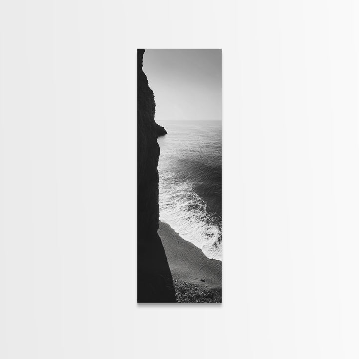 Cliffside Waves, Coastal Edge, Monochrome Serenity, Ocean Drama, Canvas Print, Moody Minimalist Art, Bathroom Art, Living Room Decor
