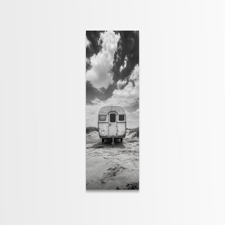Vintage Camper, Cloudy Sky, Wanderlust Life, Desert Minimalism, Framed Canvas Print, Retro Travel Wall Art, Boho Bedroom Print, Office Art