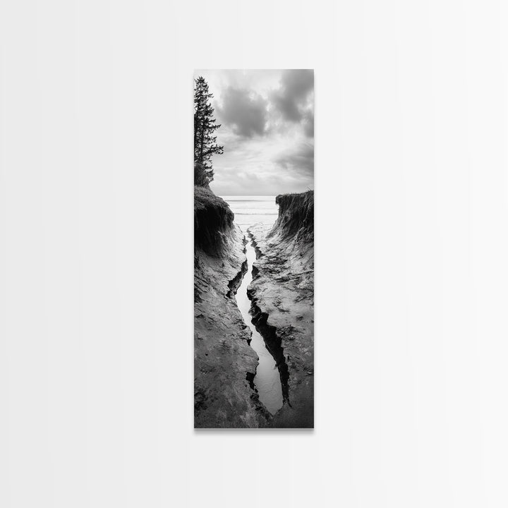 Coastal Crevice, Ocean Stream, Moody Nature, Rugged Beauty, Framed Canvas Print, Minimalist Beach Wall Art, Bedroom Art, Entryway Decor