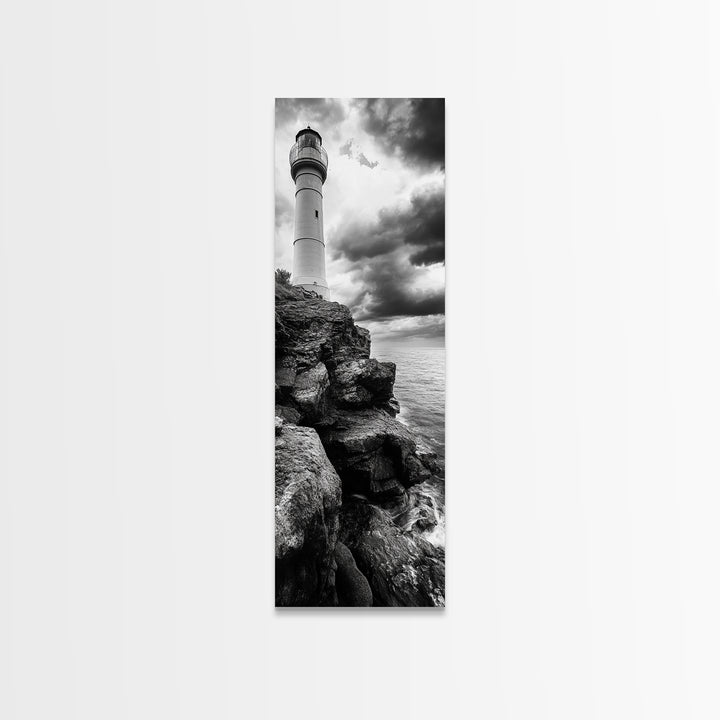 Lighthouse Coast, Stormy Sky, Black White Ocean, Framed Canvas Print, Nautical Wall Art, Rustic Beach House Living Room Decor