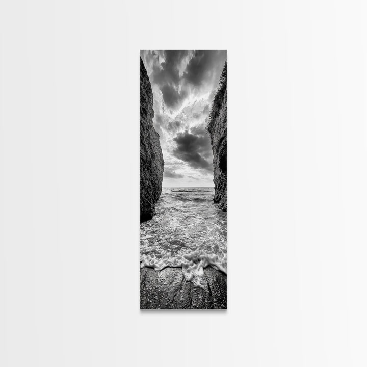 Ocean Gap, Cliffside Horizon, Black White Waves, Framed Canvas Print, Modern Coastal Wall Art, Nautical Living Room Decor,  Nature Decor