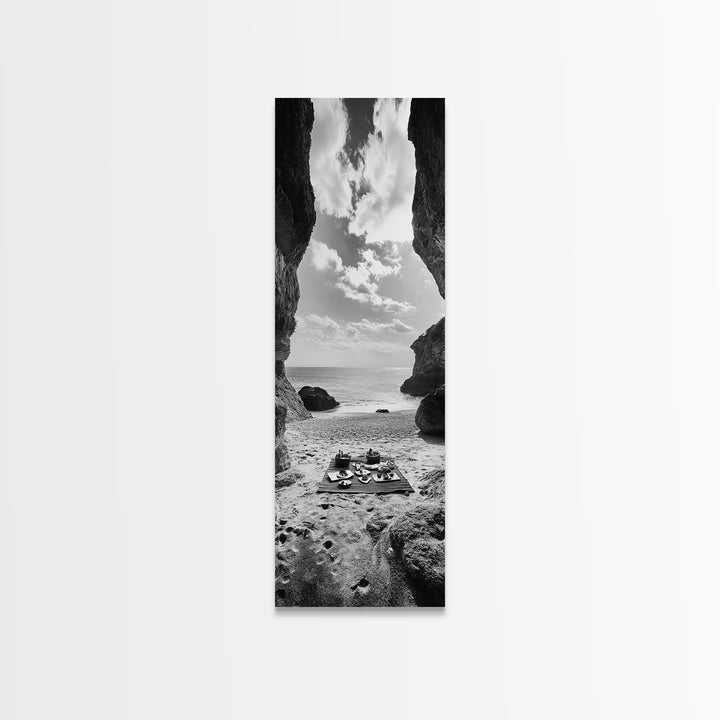 Beach Picnic, Seaside Cave, Ocean View, Framed Canvas Print, Minimalist Coastal Art, Dining Room Decor, Romantic Escape Vibes, Nautical Decor