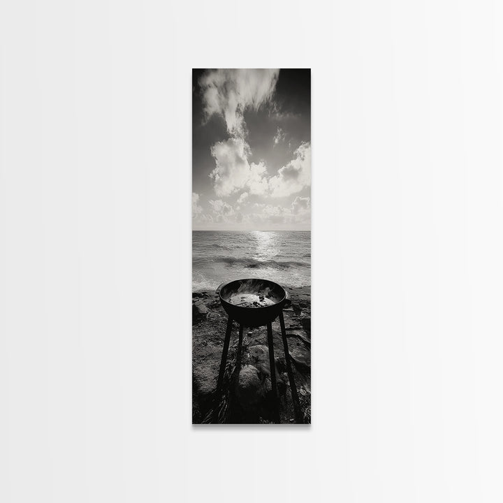 Smoky Grill, Seaside BBQ, Coastal Cooking, Framed Canvas Print, Rustic Outdoor Kitchen Art, Summer Vibes Wall Decor, Moody Beach Scene