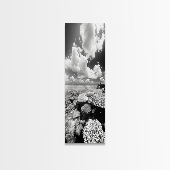 Coral Reef, Ocean Horizon, Puffy Clouds, Framed Canvas Print, Coastal Bathroom Art, Nautical Decor, Black and White Beach Style