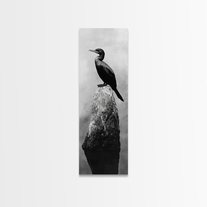 Cormorant Bird, Driftwood Perch, Moody Sky, Framed Canvas Print, Coastal Wildlife Wall Art, Nature Lover Gift, Rustic Room Decor