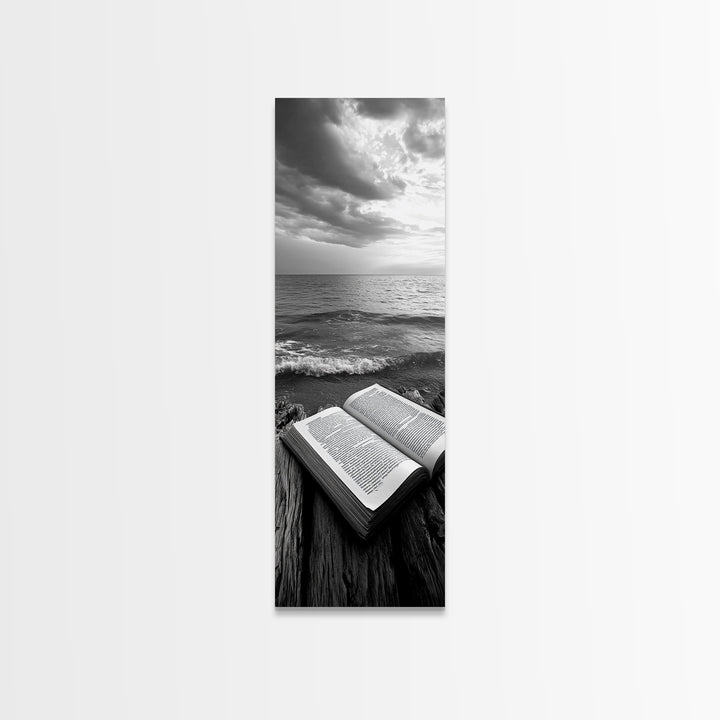 Seaside Book, Ocean Reading, Stormy Sky, Canvas Print, Cozy Beach House Art, Library Decor, Literary Wall Art, Moody Coastal Style