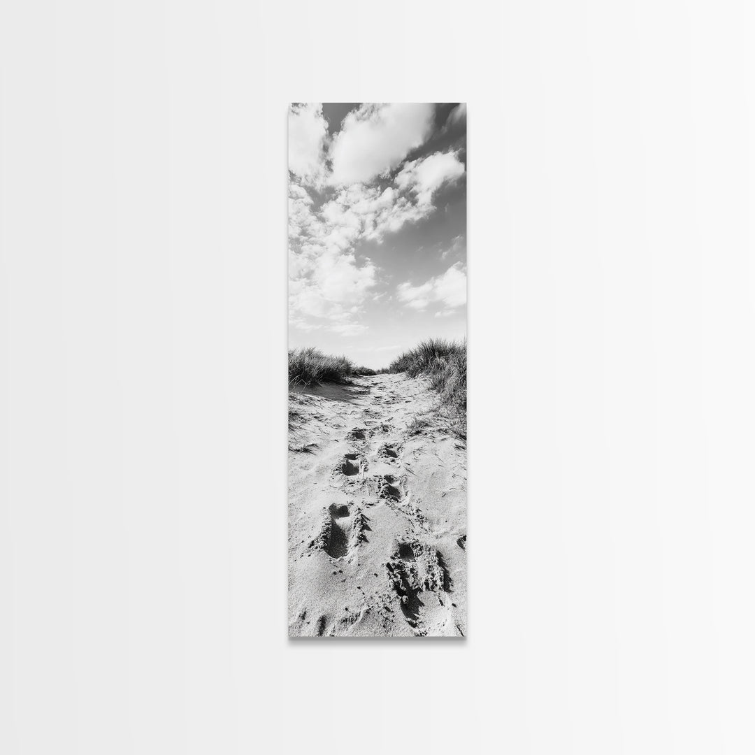 Sandy Trail, Dune Path, Footprints Grass, Canvas Print, Fall Coastal Decor, Boho Entryway Art, Black and White Beach Landscape