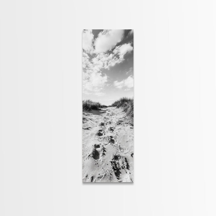 Sandy Trail, Dune Path, Footprints Grass, Canvas Print, Fall Coastal Decor, Boho Entryway Art, Black and White Beach Landscape