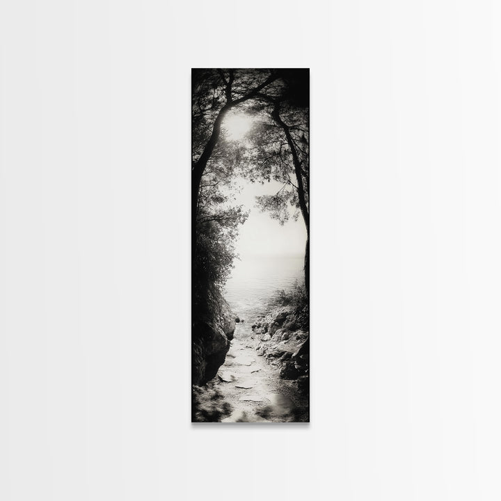 Ocean Pathway, Forest Light, Peaceful Coast, Dreamy Trail, Nature Escape, Framed Canvas Print, Entryway Wall Art, Moody Landscape