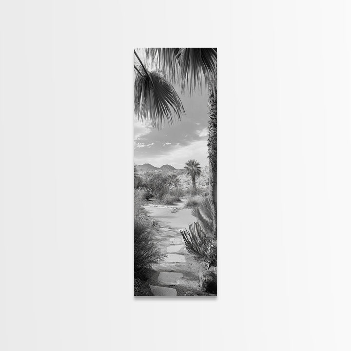 Desert Path, Palm Trees, Serene Escape, Tranquil Garden, Monochrome Landscape, Framed Canvas Print, Entryway Wall Art, Nature Minimal