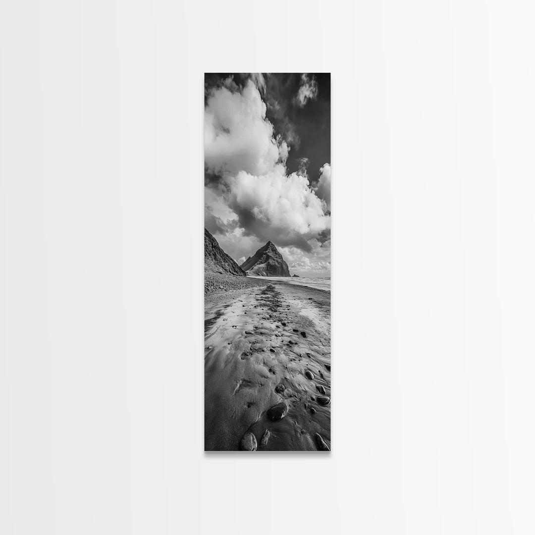 Mountain Beach Path, Cloudy Sky Landscape, Black and White Nature Scene, Framed Canvas Print, Entryway Fall Coastal Wall Decor